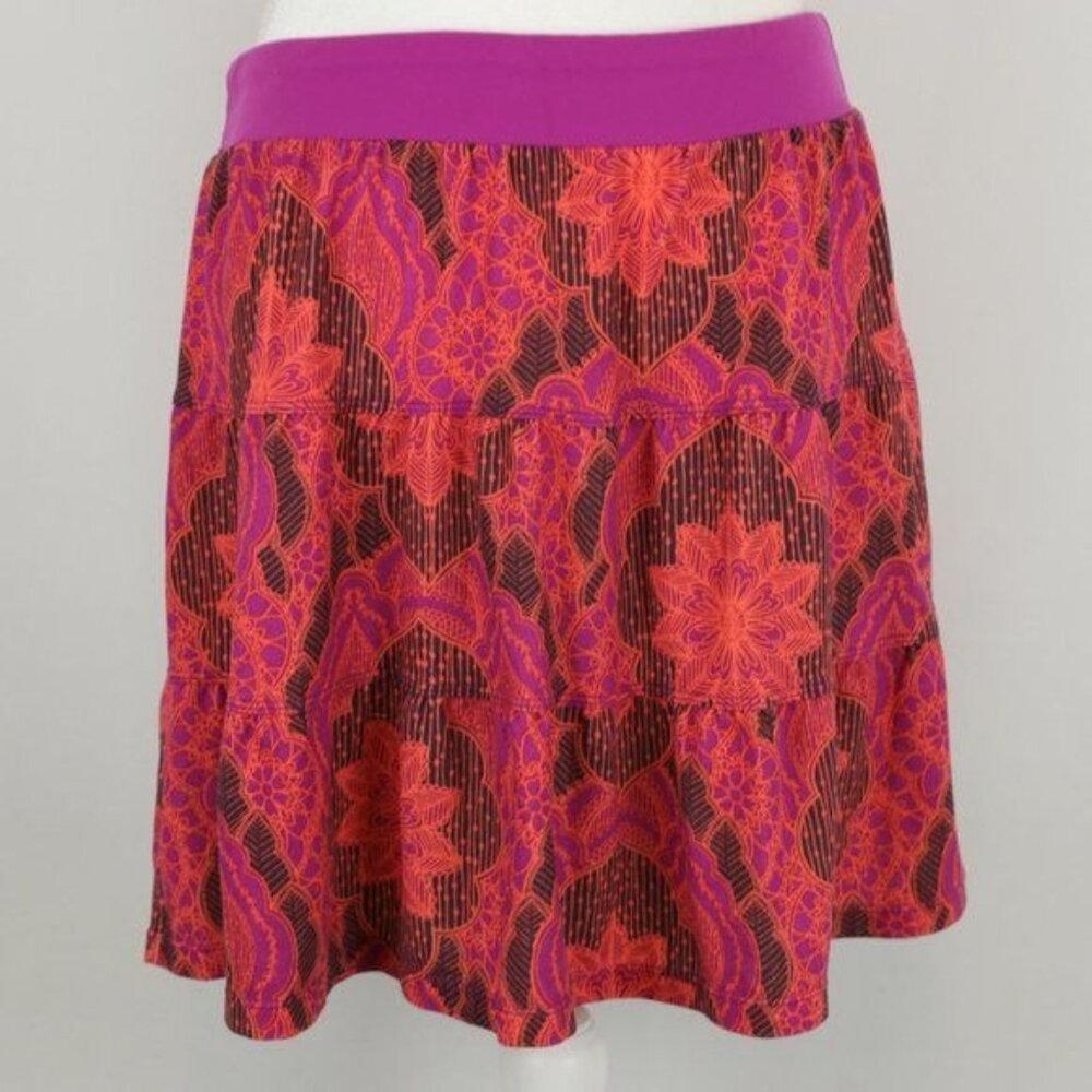 Prana Tranquility Women's Large Purple Orange Floral Tiered A-Line Knit Skirt